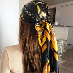 Silk Feel Lightweight Scarf | Soft Satin-Like Wrap | Black Yellow | Boutique